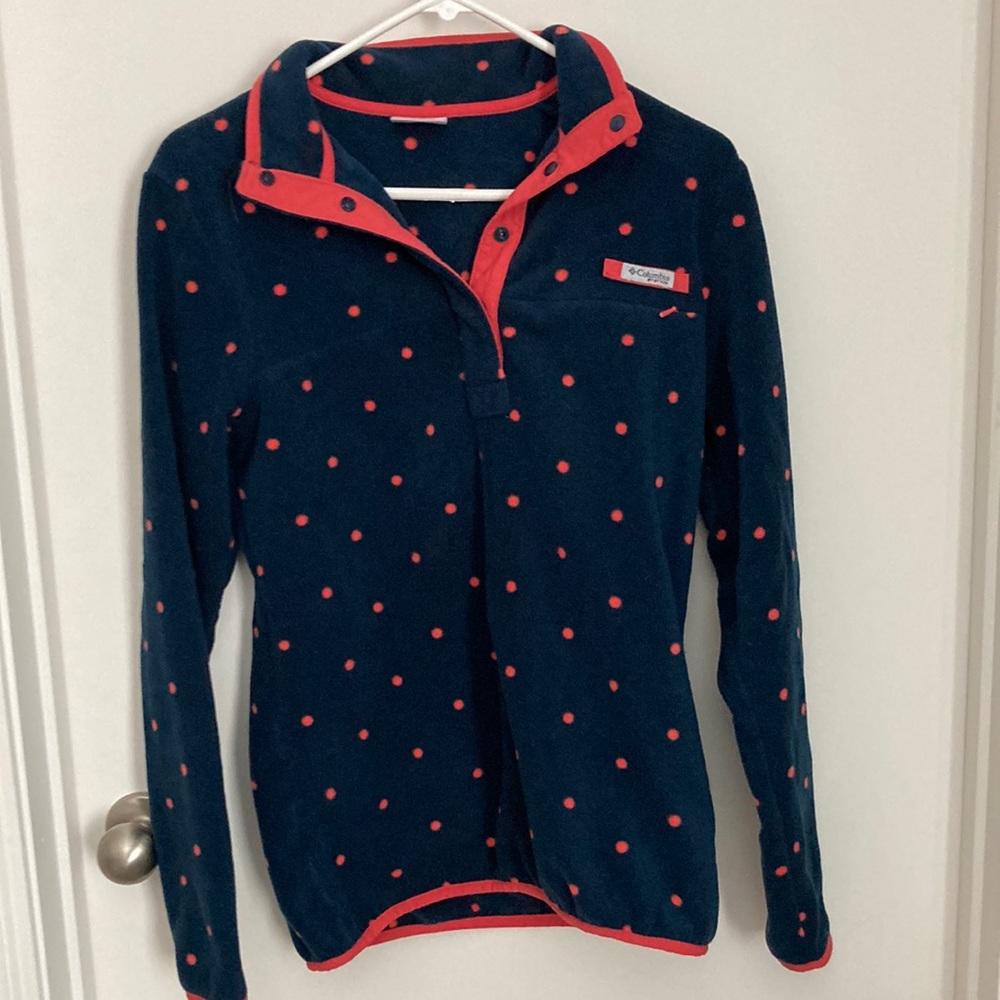 Columbia fleece- navy with salmon polka dots.